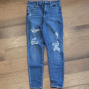Women's Blue Distressed Skinny Jeans, American Eagle, size 10